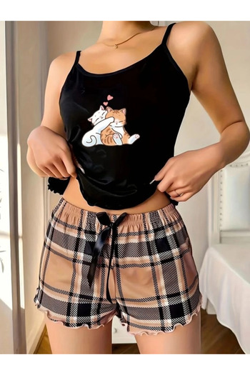 HUBANN Cute Kittens Printed Suspender Shorts Pajama Set