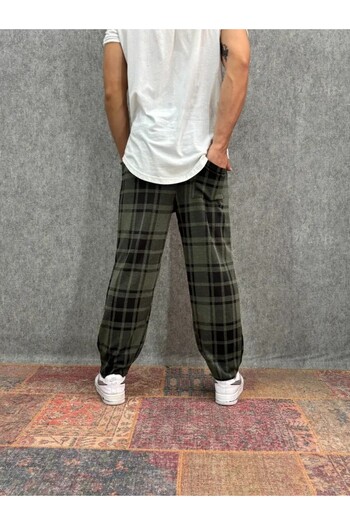 FıttingRoom Elastic Waist Belted Plaid Trousers