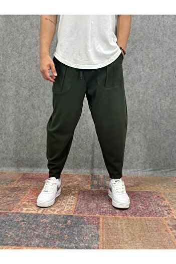 FıttingRoom Dark Khaki Baggy Trousers with Elastic Waist and Pocket Rib Detail