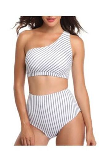 Mixbo Women's Two-Piece Swimsuit Mixbo, High-Waist Briefs White with Stripes, Size L