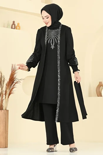 ModaMerve Sequin Detail Suit Asm2805-Ms Black