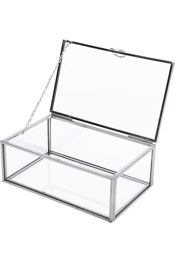 Lamsit Ibdaa Silver Vintage Glass Jewelry Organizer - Keepsake Storage Box (15x10x7 cm)