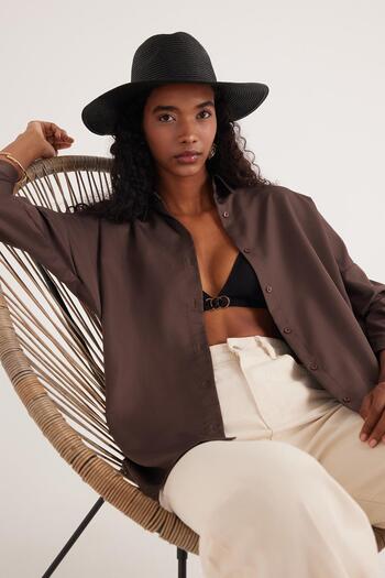 Tudors Γυναικείο Oversize Casual Cut Sports πέτο μακρυμάνικο Basic μονόχρωμο καφέ πουκάμισο
