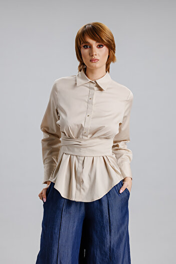 RVL Beige cotton shirt with bow and appliqués on the front