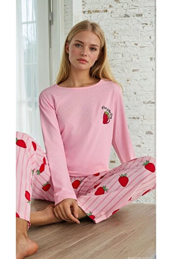 CARLA MARA Çilek Baskılı Uzun Kollu Pijama Takımı