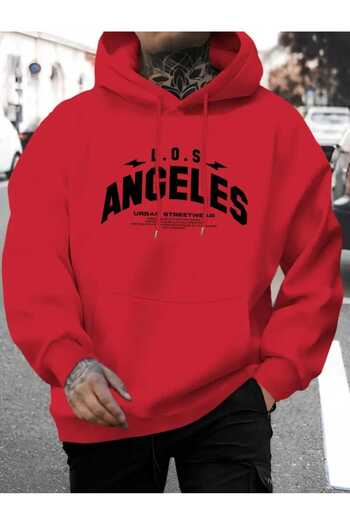 caddekombin Los Angeles Shock Printed Hooded Pocket Cotton Red Sweatshirt