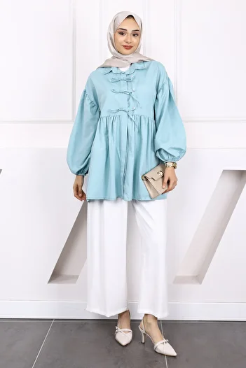 İmajButik Mint Green Sleeve Elastic Front Buttoned Tunic