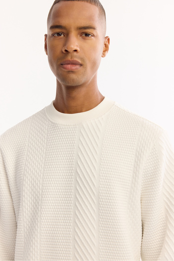 Avva Men's Regular Fit Ecru Crew Neck Striped Jacquard Sweatshirt A52Y1220