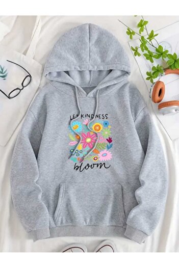 caddekombin Let Kindness Printed Hooded Pocket Cotton Gray Sweatshirt