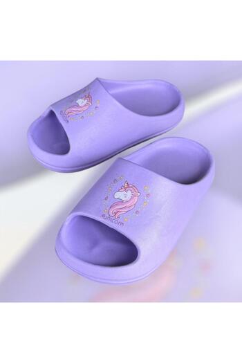 AkınalBella Girl Child Lilac Unicorn Printed Slide Summer Beach Pool Casual Slippers