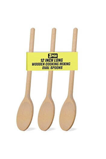 Generic BICB 12-Inch Long Handle Wooden Cooking Mixing Oval Spoons, Beechwood (Set of 3)