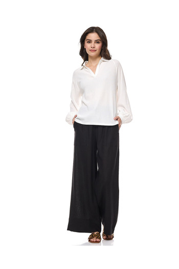 R&B Textured Top with Spread Collar and Bishop Sleeves