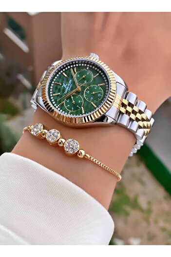 Daniel Klein Brand Yellow Silver Color Green Dial Women's Wrist Watch with 2 Years Warranty - Bracelet Gift