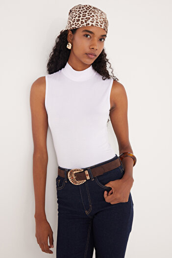 Tudors Women's Regular Fit Classic Cut Viscose Fabric Turtleneck Zero Sleeve White Blouse