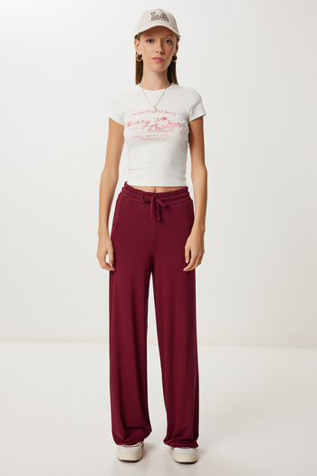 Happiness İstanbul Women's Burgundy Pocket Wide Leg Knitted Trousers Ub00470