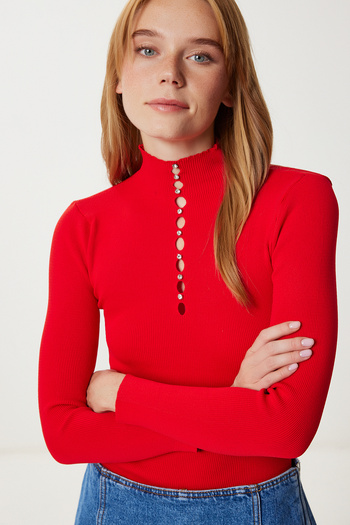 Happiness İstanbul Women's Red Cut Out Detailed Stoned Knitwear Sweater Ki̇00159