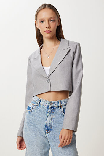 Happiness İstanbul Women's Gray Striped Padded Crop Woven Jacket Kt00027