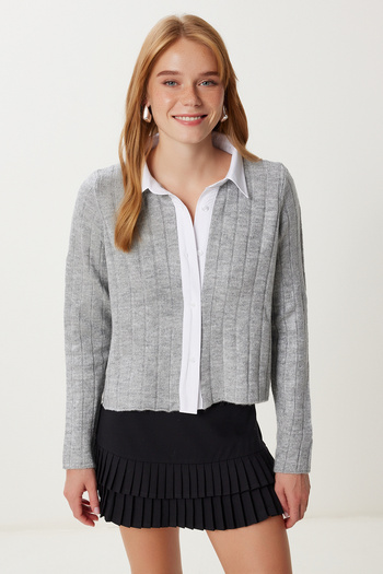 Happiness İstanbul Women's Gray Shirt Collar Contrast Knitwear Cardigan Yy00260