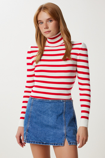 Happiness İstanbul Women's Red Bone Turtleneck Striped Sweater Sweater Ki̇00147