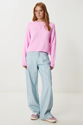 Happiness İstanbul Women's Candy Pink Basic Crop Knitwear Sweater Ki̇00149