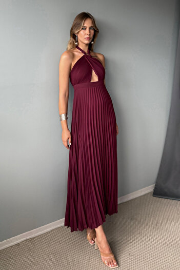 Trendyol Collection Dark Burgundy Pleated Cut Out Accessory Detailed Chiffon Midi Lined Dress Tprss25El00327