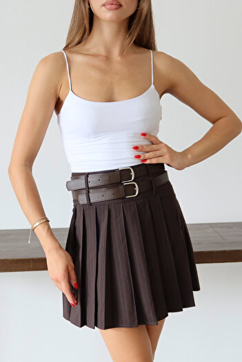 Trendyol Collection Brown Double Belt Pleated Mini Woven Skirt Twoaw26Et00072