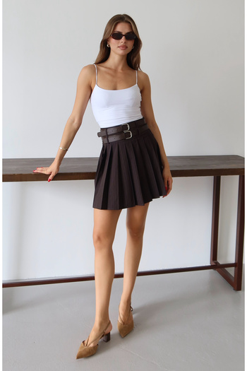 Trendyol Collection Brown Double Belt Pleated Mini Woven Skirt Twoaw26Et00072