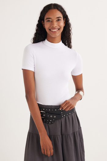 Tudors Women's Standard Fit Short Sleeve Half Turtleneck White Blouse