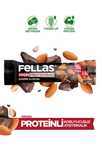 Fellas High Protein Almond and Cocoa Bar - 45 gr x 12 Pieces