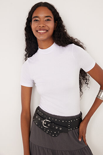 Tudors Women's Standard Fit Short Sleeve Half Turtleneck White Blouse