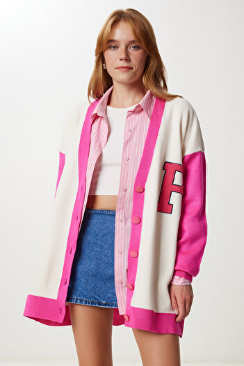 Happiness İstanbul Women's Pink Bone Oversize Contrast Color Knitwear Cardigan Yy00262