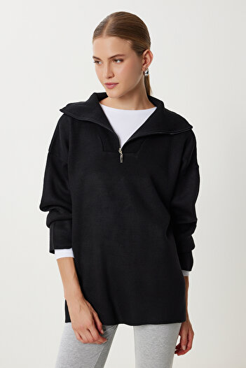 Happiness İstanbul Pulover de tricotaj oversize cu fermoar negru pentru femei YY00263