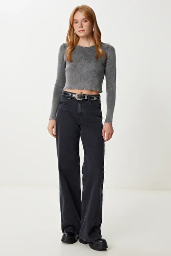Happiness İstanbul Women's Anthracite Washed Ribbed Knitted Crop Blouse Pf00121