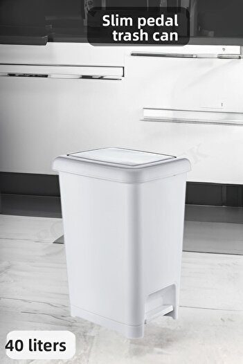 PONÇİK STORE White Bathroom Kitchen Trash Can with Pedal Black Lid Slim Pedal Trash Can 40 Liters
