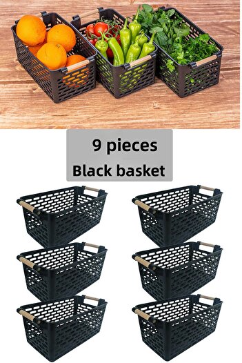 KRM HOME 6 Black Organizer Baskets with Handles - Inner Cabinet and Refrigerator Organizer