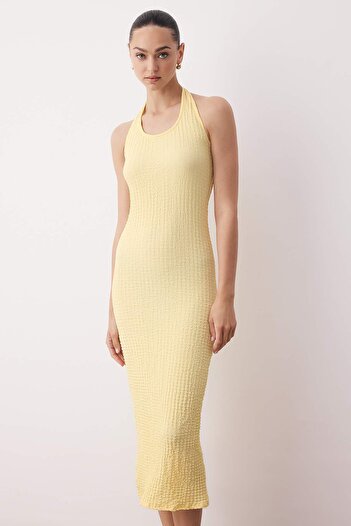 Trendyol Collection Yellow Textured Halter Bodycone/Fitted Stretchy Maxi Knitted Dress Twoss25El00900