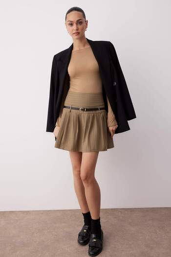 Trendyol Collection Beige Striped High Waist Belted Pleated Mini Woven Skirt Twoaw26Et00030
