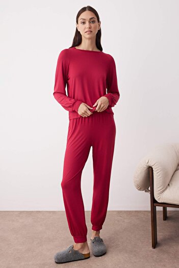 Trendyol Collection Burgundy Raglan Sleeve Viscose Knitted Pajama Set Thmaw26Pt00019