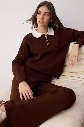 Trendyol Collection Brown Polo Neck Color Block Sweater-Pants Knitwear Bottom - Top Set Twoaw26Au00011