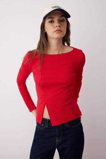 Trendyol Collection Red Button Crew Neck Bodycon Ribbed Stretchy Knitted Blouse Twoaw26Bz00104