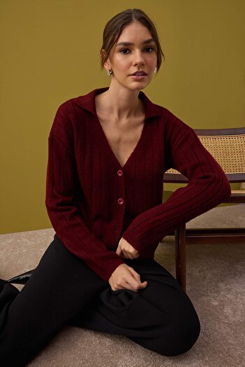 Trendyol Collection Burgundy Wool Basic Polo Neck Knitwear Cardigan |   Twoaw26Hi00084 ​​