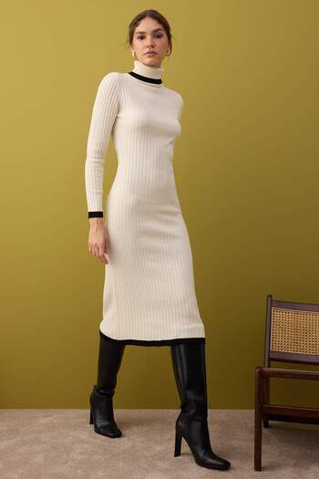 Trendyol Collection Stone Color Block Midi Basic Turtleneck Knitwear Dress Twoaw26El00102