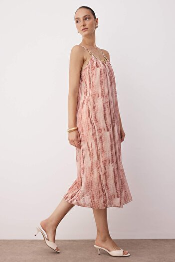 Trendyol Collection Pink Abstract Accessory Detailed Midi Woven Dress Twoss25El00908