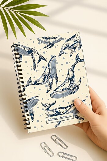 Eldesen Tasarım Daily Planner A5 Notebook, Notes, to Do, Flexible Cardboard Cover, 100 Days, Whales