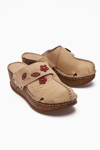 Limoya Γνήσιο δέρμα Alto Beige Wedge Γυναικείες Παντόφλες Αντίκες Σόλα Comfort Γυναικείες Παντόφλες