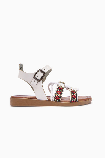 Limoya Genuine Leather Sohna White Women's Sandals with Authentic Embroidery Detail