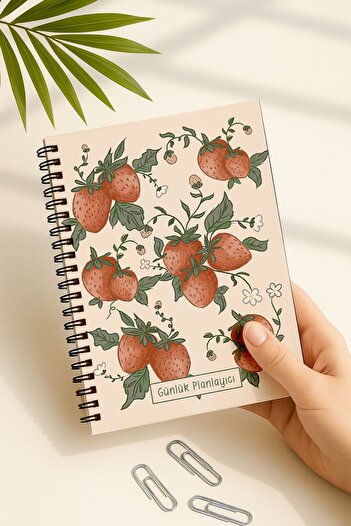 Eldesen Tasarım Daily Planner A5 Notebook, Notes, to Do, Flexible Cardboard Cover, 100 Days, Strawberry