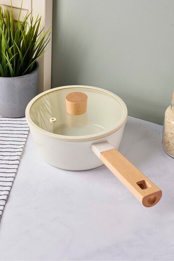Perotti Cookwood Beige Induction Base Ceramic Pot with Wooden Handle and Lid 18 cm