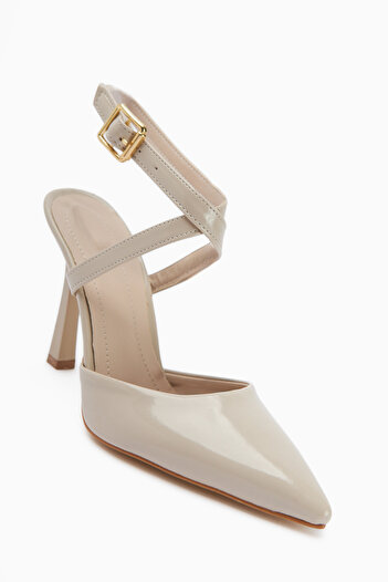 Limoya Elsi Beige Patent Leather Ankle Strap Women's Heeled Shoes