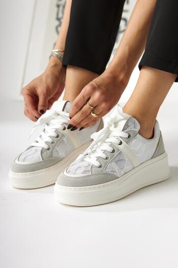 Limoya Julissa White Suede Shiny Patterned Thick Sole Women's Sneakers